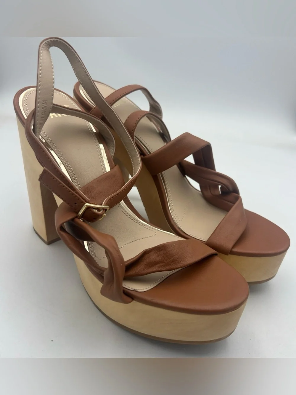PAIGE Cayden Leather Ankle Strap Platform Sandal Woodgrain Block Heel Size 9 NEW